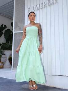 Look Of Millions!!! Long Strapless Dress With Floral Print - Mint Green - View 7