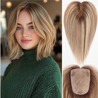Human Hair Toppers 4*5.5 Inch Top Skin Base Comfortable And Soft Highlights Blonde Color Silk Base Human Hair Topper For Women Cover Grey Roots
