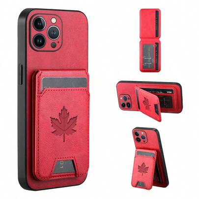 Etui na telefon z motywem liścia klonowego, luksusowe etui ze sztucznej skóry, kompatybilne z 'em 17 17Air 16E 16ProMax 15Pro 14Plus 13Pro 12 11 X/Xs XsMax Xr Honor 200lite/90/X8B/100Pro//50/400Pro/400/X70i Xiao Mi Redmi Xiao Mi Sam Sung Pixel Wallet i stojak, 2 w 1, magnetyczny, odpinany portfel