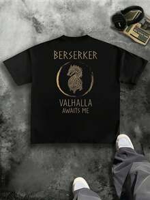 T-shirt oversize Berserker Valhalla Viking, imprimé recto verso, , décontracté, col rond, 220 g/m², pur coton (1 pièce) - Noir - Voir 3