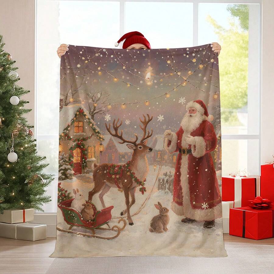 1pc Christmas Santa Claus, Snowman, Reindeer Gift Box Fleece Blanket, Super Soft Flannel Suitable For Bedroom, Living Room, Sofa And Office, Great For Travel And Gifting, Christmas