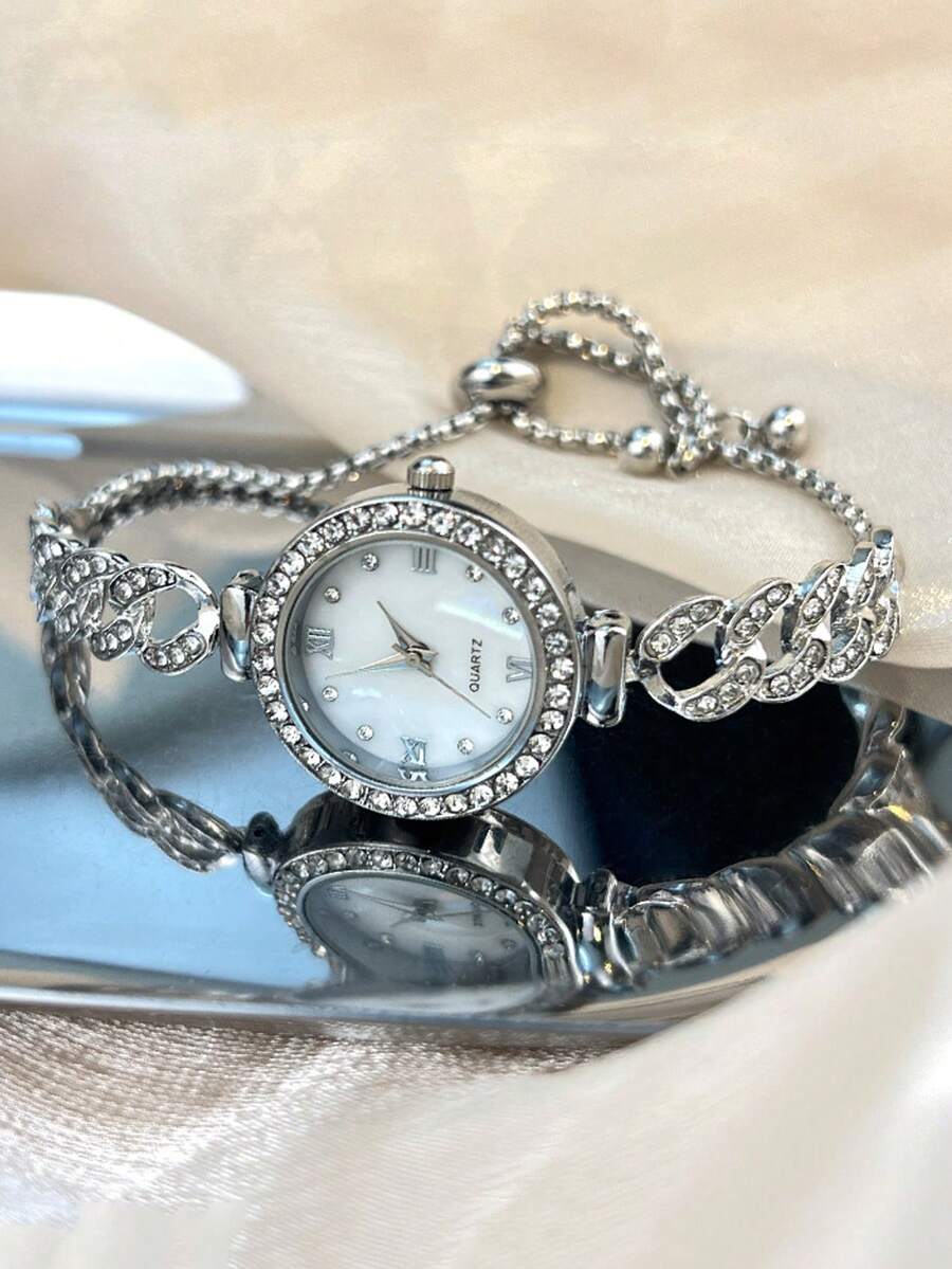 1pc Women's Gold-Tone Alloy Fully Paved Crystal Heart Shaped Case Arabic Numeral Dial Quartz Watch With Drawstring Adjustable Strap, Suitable For Daily Matching, Birthday, Women's Gift, Anniversary, Year-End Promotion, Singles' Day, Halloween Promotion, Etc.