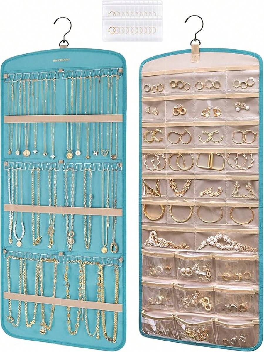 Hanging Jewelry Organizer, Necklace Holder Anti- Earrings Rings Hanger with 20 Jewelry Bags Travel Storage Roll with Pockets Hang on Closet, Wall, Door,1 Piece, Large, Black
