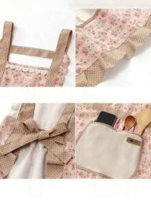 1pcs Cute Japanese Apron Maid Skirt Belt Kitchen Home Restaurant Workwear Women Coffee Workwear Apron, Home Work Adjustable Apron Floral Print Cake Kitchen Cooking Women Girls Apron With Pockets, Scrub Resistant Durable Wear Resistant Suitable For Kitchen Home And Work Apron Pretty Apron Kitchen - 粉色 - 查看 4