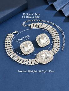 3 Stücke Braut Hochzeit Halskette Ohrringe Set, geometrischer vollständig mit Diamanten besetzter großer quadratischer Choker Halskette, Damen Party Abend Schmuckset - Verschiedenfarbig - Übersicht 6