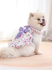 1pc Floral Ruffled Pet Dress With Purple Bow - Cute Princess Outfit For Small Dogs (Pomeranian/Teddy Bear) - Multicolor - View 10