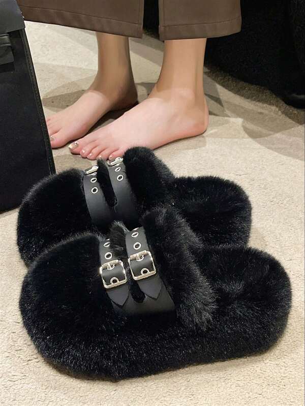 2025 Nuove pantofole invernali da donna con suola spessa e punta chiusa, morbide e soffici. Nuove pantofole da donna in stile fatato autunnale con plateau, tacco alto e tomaia morbida color cachi. Pantofole di casa da donna in pelle con fibbia e pelliccia