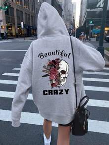 Áo hoodie nữ in họa tiết hoa hồng mùa thu/đông, phong cách đường phố thường ngày và đa năng cho mùa xuân. - Xám đậm - Xem 2