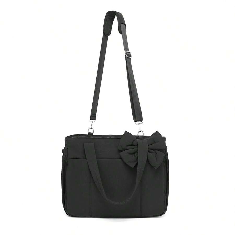 Fashionable Bow Decoration Large Capacity Tote Bag, Available In Multiple Colors, Lightweight Waterproof Fabric+Durable Handle, Multi-Layer Partition Storage (Suitable For Yoga Mats/Laptops/Daily Small Items), Shoulder And Back Carrying Dual-Use, Suitable For Commuting/Outdoor Fitness/Street Fashion/Travel And Other Scenarios, Practical Aesthetic Bag - 黑色 - 查看 1