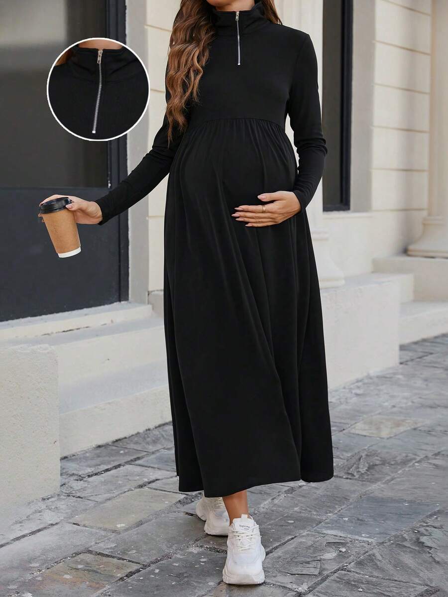 Maternity Casual Solid Color Zip-Up Collar Dress Black Spring - Black - View 1