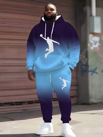 ZhuYa Hot Selling "Street Casual Sports Style Gradient Element Dunk Pattern Print" Matching Plus Size Men's Hoodie Sweatsuit, Spring Autumn Winter Sports 2 Pieces Set - Ins Loose Fit Plus Size Comfortable Loose Style Hoodie + Jogger Pants, Street Hip Hop Versatile