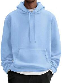 Men Cotton Fleece Hooded Sweatshirt Casual Long Sleeve Hoodies Pullover Fashion Drawstring Hoodie With Kanga Pocket - 淺藍色 - 查看 1