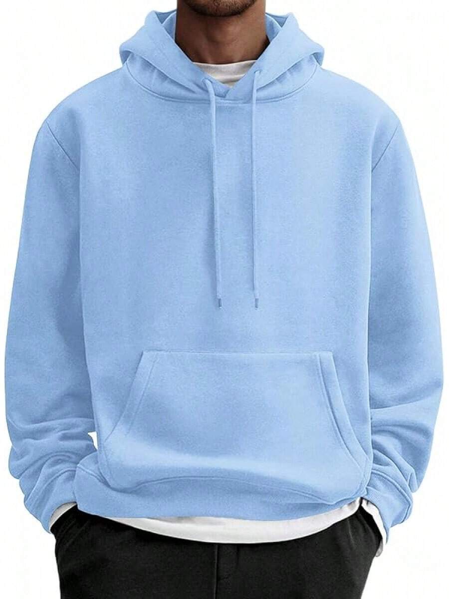 Men Cotton Fleece Hooded Sweatshirt Casual Long Sleeve Hoodies Pullover Fashion Drawstring Hoodie With Kanga Pocket - 淺藍色 - 查看 1