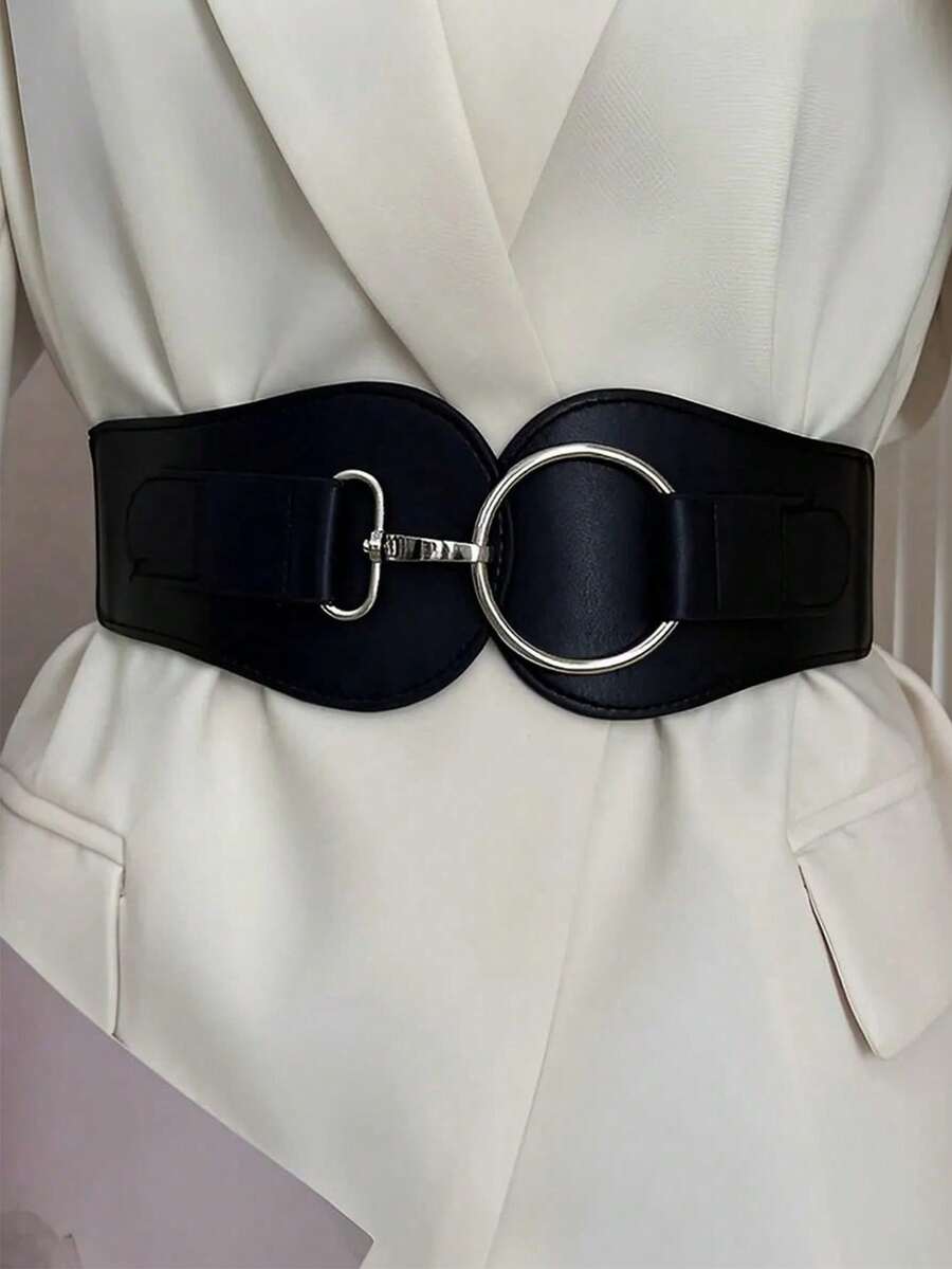 Cinturón ancho elástico vintage con hebilla para mujer, negro