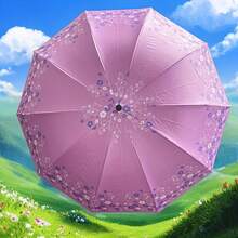 1pc Lightweight Portable Waterproof Umbrella, 10 Ribs Floral Pattern Folding Umbrella With Excellent UV Protection, Casual Lightweight Portable Waterproof Umbrella For Men And Women