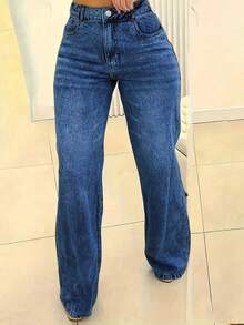 Women's Loose Jeans With Wide Legs, High Waist, Loose Boyfriend Jeans, Denim Pants, Y2K Jeans - xanh đậm - Xem 4