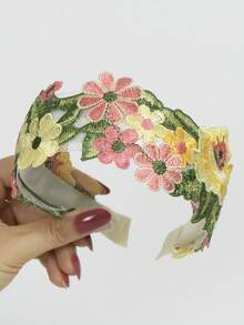 女士优雅刺绣条纹花卉头带（套装），波西米亚休闲涤纶百搭日常佩戴发饰，发箍 - 黃色 - 查看 4