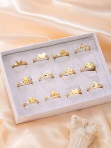 3/6/12pcs Fashionable Cute Butterfly, Heart, Flower Multi-Element Ring Set, Suitable For Teenagers Boys And Girls Daily Wear (Random Style, Random Size, No Gift Box)