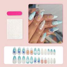 Summer Ocean Press On Nails Medium Almond Fake Nails 3D Blue Starfish False Nails With Gold Bead Charms Design Acrylic Nails White Flowers Glue On Nails Waves French Tip Stick On Nails For Women 24Pcs,17114401 - Đồng - Xem 2
