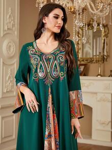 Women's Abaya Robe Muslim Long Sleeve Embroidered Elegant Robe, Casual Patchwork Loose Fit Dubai Style