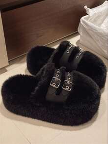 2025新款女冬热销厚底包头毛绒拖鞋，女秋新款仙女风小巧休闲增高厚底卡其色拖鞋，女居家皮扣毛绒拖鞋 - 黑色 - 查看 10