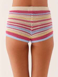 Women's Knitted Shorts Casual Stylish Colorful Contrast Striped Elastic Mid Rise Shorts - Pink - View 3