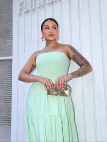 Look Of Millions!!! Long Strapless Dress With Floral Print - Mint Green - View 8