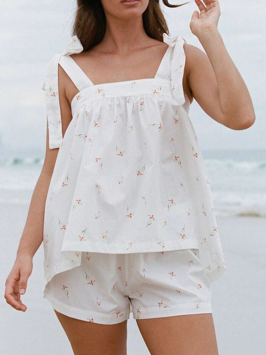 Women Y2k Summer 2 Piece PJs Lounge Set Floral Print Sleeveless Tie-Up Shoulder Square Neck Loose Tank Top Elastic Waist Wide Leg Pajama Bottoms Sleepwear Going Out Outfit Beachwear - 白色 - 查看 1