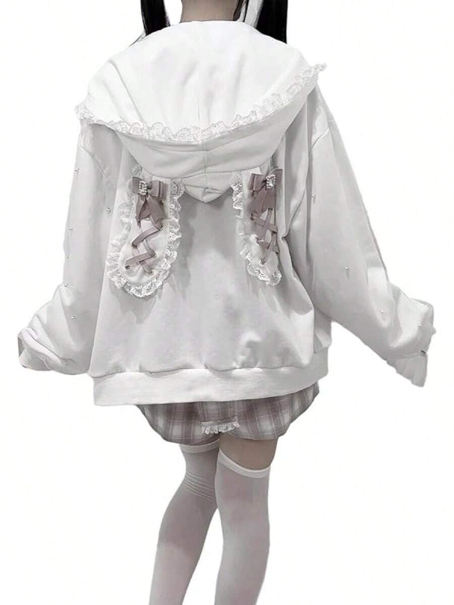 Women Cute Bunny Ear Long Sleeve Fuzzy Fluffy Rabbit Tops Sweatshirt Hoodie Coats - Bow-white - View 1