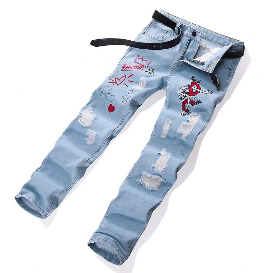 Men's Embroidered Straight-Leg Holey Denim Pants, Embroidered Five-Star Casual Daily Fashion Pants - 藍色 - 查看 1