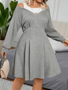 Vestido casual de línea A con recortes y hombros caídos para mujer, talla grande, otoño/invierno
