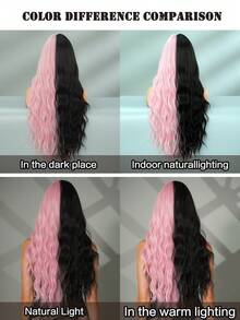 7JHH WIGS Stylish Half Black Half Pink Wigs Extra Long Wavy Wig With Bangs, High Density Heat-Resistant Fiber Hair, Fluffy Natural Synthetic Wave Curly Wigs For Women Halloween Party Use 28 Inch Cosplay Costume Wig Accessories - 拼色 - 查看 7