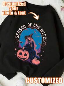 1pc Women's Fashion Witch Graphic Casual Crew Neck Sweatshirt, Women's Daily Sports Style Fashionable Hoodie, Gift For Family, Customized Photo Style