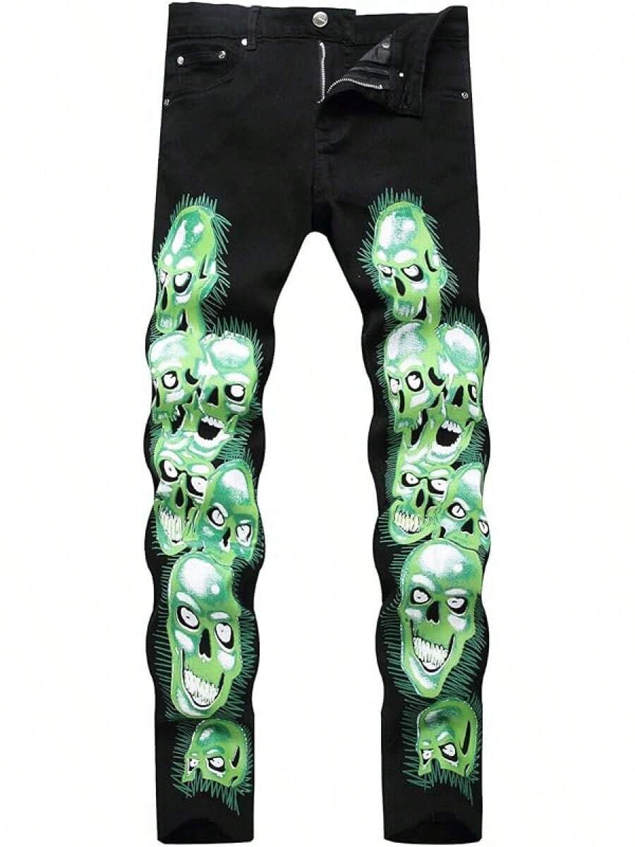 Men's Casual Printed Jeans Skinny Denim Pantshalloween - 骷髏 5709 - 查看 1