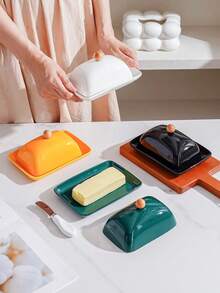 1 Set Ceramic Rectangular Covered Butter Dish With Stainless Steel Knife, Nordic Style Minimalist Solid Color Ceramic Butter Dish, Cheese Dish, Food Storage Container With Lid And Stainless Steel Knife