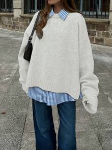 Senya Women's Autumn And Winter Apricot Crew Neck Long Sleeve Lightweight Knitted Wool Sweater, Side Slit Straight Sleeve Design Sweater Top, Daily Commuter Versatile Knitted Pullover