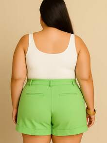 BrasOutlet Elegant Plus Size Women's Linen Shorts With Pockets, Casual Chic, Sizes G1 And G2 - Màu xanh Bạc hà - Xem 2