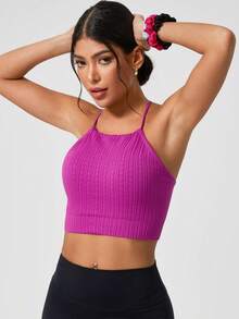 Leorrey 1pc Women's Comfortable Fitted Fashionable Solid Color Crew Neck Sleeveless Sexy Crop Top For Outdoor Fitness Workout Running Yoga - Purple - View 6