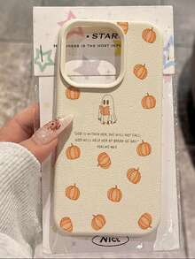 1 pezzo Custodia protettiva per telefono morbida, antiscivolo e anti-caduta, con motivo alla moda di zucca e fantasma, texture in pelle di litchi, compatibile con Apple/Redmi/altri telefoni - Multicolore - Visualizzare 1