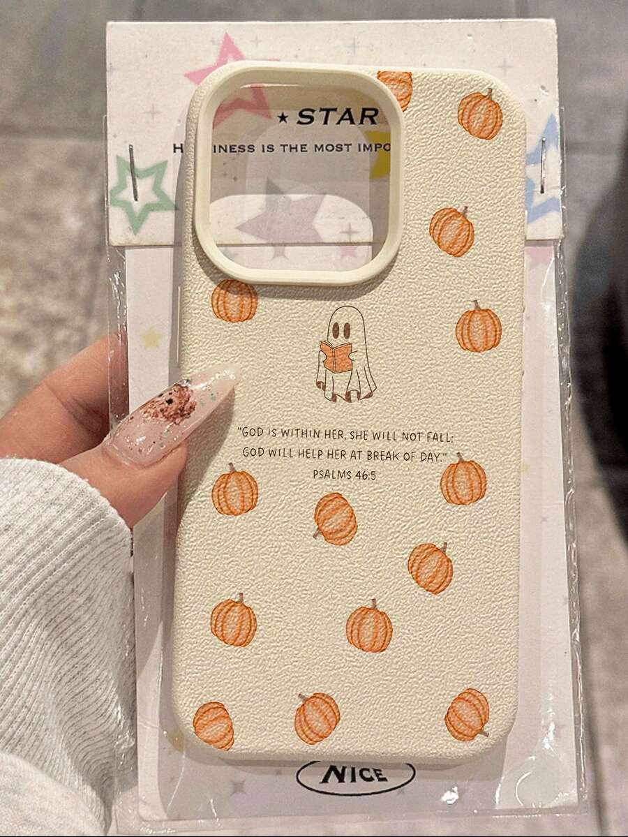 1 pezzo Custodia protettiva per telefono morbida, antiscivolo e anti-caduta, con motivo alla moda di zucca e fantasma, texture in pelle di litchi, compatibile con Apple/Redmi/altri telefoni - Multicolore - Visualizzare 1