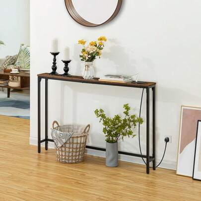 HOOBRO Console Table With Charging Station, 120 Cm Slim Console Table For Hallway, Behind Sofa Table, For Entryway, Living Room, Small Spaces, Metal Frame, Rustic Brown And Black