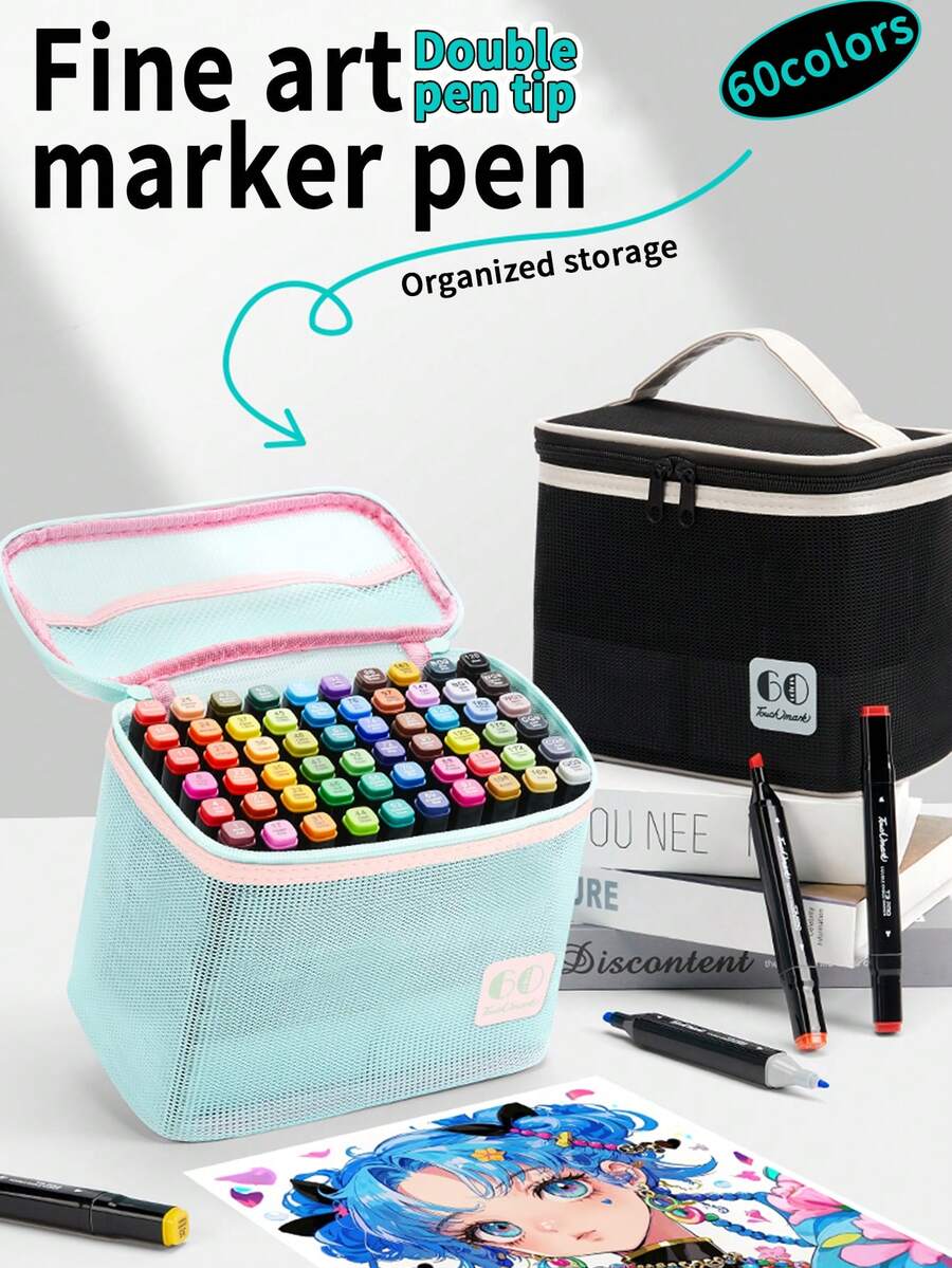 1pc 60 Colors Dual-Tip Permanent Marker Pens, Oil-Based Art Supplies For Students, Anime Design, Drawing, Painting, Suitable For Elementary School, Children, Preschool