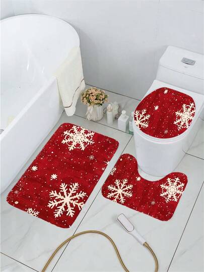 圣诞假日浴室地毯套装 - 三件套，可机洗，针织面料，防滑底背，吸水性强，800克/平方米，0.39英寸厚，涤纶材质，长方形，是圣诞装饰和浴室使用的理想之选，也可用于浴室、厨房装饰和厨房地毯。