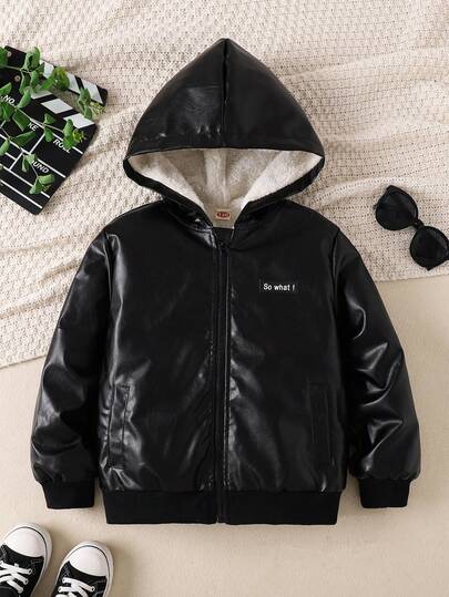 Tween Boy Fashionable Retro Autumn/Winter New Hooded Long Sleeve PU Leather Jacket Outerwear, Big Kids Embroidered Patch Design Top Coat, Thermal Lined Thick Versatile Bomber Jacket