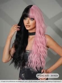 7JHH WIGS Stylish Half Black Half Pink Wigs Extra Long Wavy Wig With Bangs, High Density Heat-Resistant Fiber Hair, Fluffy Natural Synthetic Wave Curly Wigs For Women Halloween Party Use 28 Inch Cosplay Costume Wig Accessories - 拼色 - 查看 3