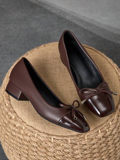 Women's Square Toe 3cm Heel Pumps, Suitable For Work, Commute, Dinner Party, Vintage Bow Accent, Navy Blue, Fashionable & Versatile Casual Slip-On Shoes