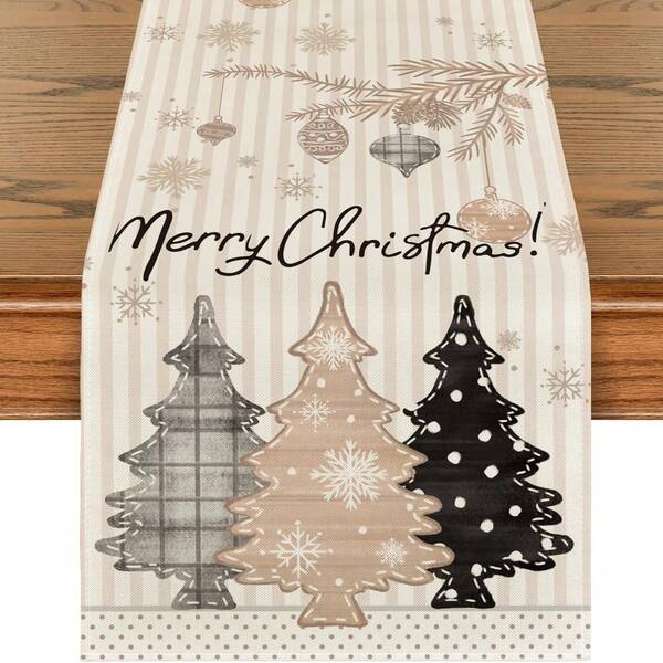 1 pièce Chemin de table arbre de Noël rayé Joyeuses fêtes, décoration de table de cuisine et salle à manger pour Noël d'hiver, décoration de fête à la maison
