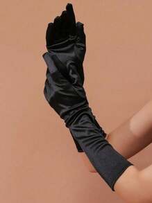 1 Pair Black Satin Stretch Charmeuse Women Sexy Gloves, Suitable For Evening Party, Wedding, Performance Outfit Matching