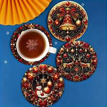 Set de 6 suporturi rotunde pentru pahare și suporturi pentru pahare de Crăciun, cel mai bine vândut, antiderapante și rezistente la căldură, cu eșarfă, om de zăpadă, Moș Crăciun, ren, brad de Crăciun, lumânare, felinar, pahare pentru pahare din lemn, decor de sărbători pentru casă, cadouri pentru petreceri de sărbători, opțiuni multiple