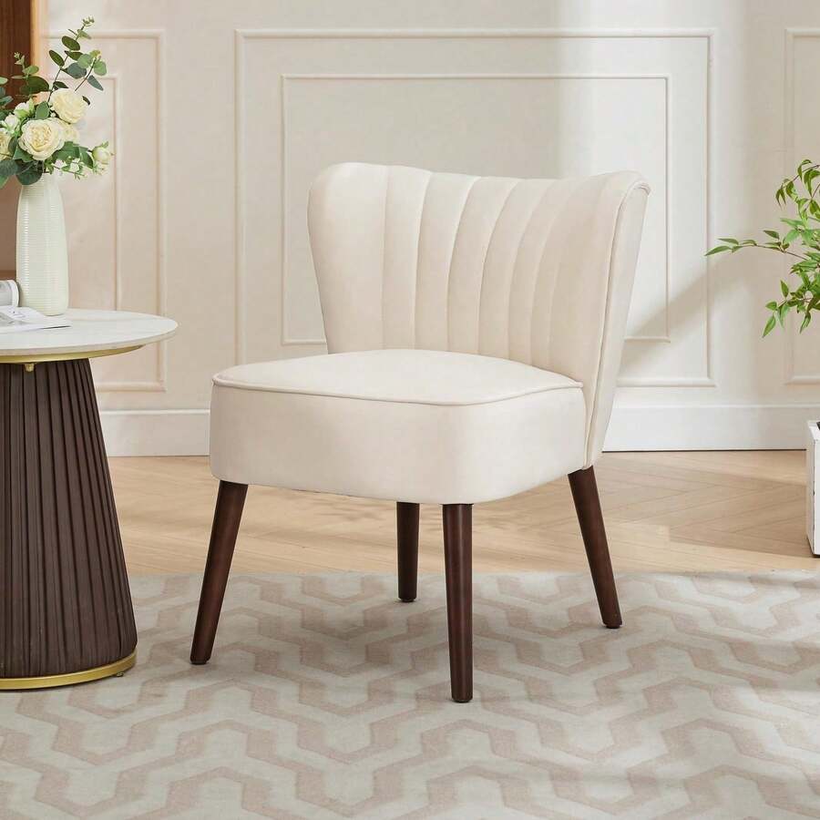 Sillón decorativo de terciopelo con respaldo orejero, estilo moderno de mediados de siglo con patas de madera, cómodo sofá individual para sala, cocina, comedor y dormitorio - Beis - Ver 1